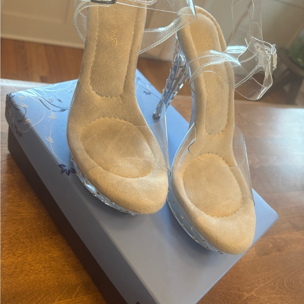 Pleaser Beige Suede Platform Heels with Clear Straps